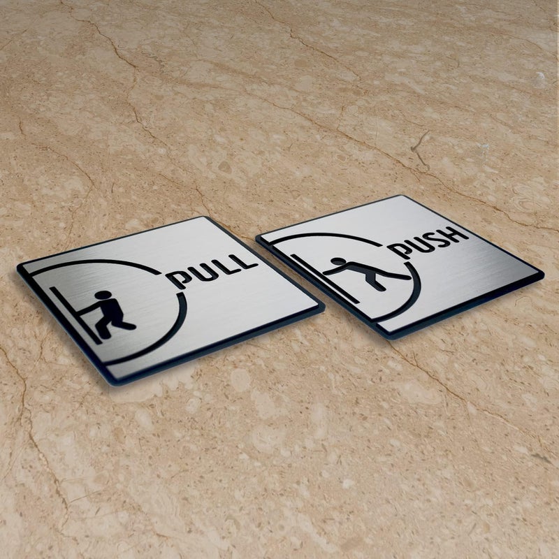 BerryBox PUSH PULL Brushed Silver Black Room Sign 6 INCH * 6 INCH Self-Adhesive Sign for Business Office Corporate Hotel Company Factory Club Commercial Malls. - Image 3