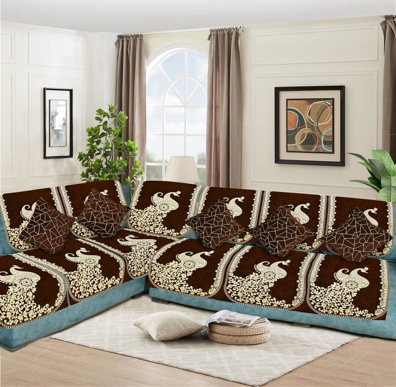 Dazzling DECOR L Shape Velvet Sofa Cover Set - Printed Sofa Back Slip Covers Panels 3 and 2 and 1 Seater Cover for Long Sofa Couch - Premium Slip Cover Protector with Cushion Covers, Brown_2923 - Image 1