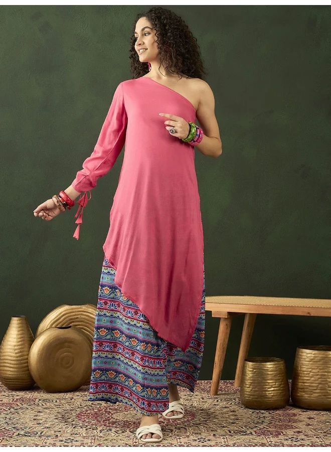 AKS Tribal Printed One-Shoulder Fusion Kurta with Palazzos