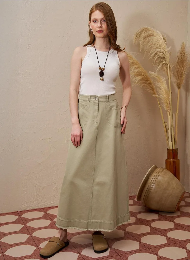 Kayra Distressed Denim Bell Skirt Mold Green