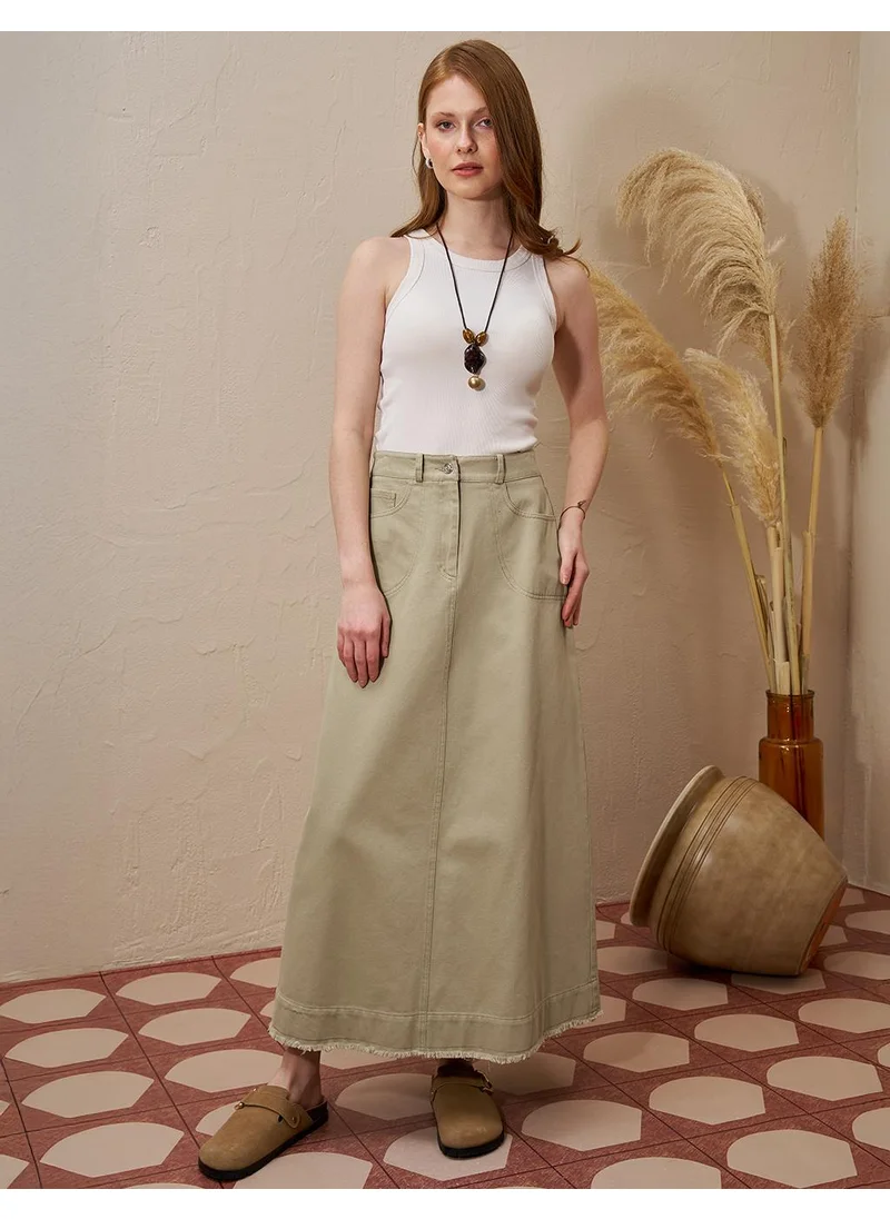 Kayra Distressed Denim Bell Skirt Mold Green