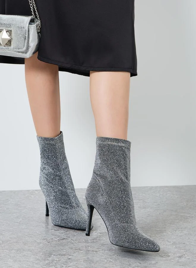 Styli Women Silver Glitter Ankle Boots
