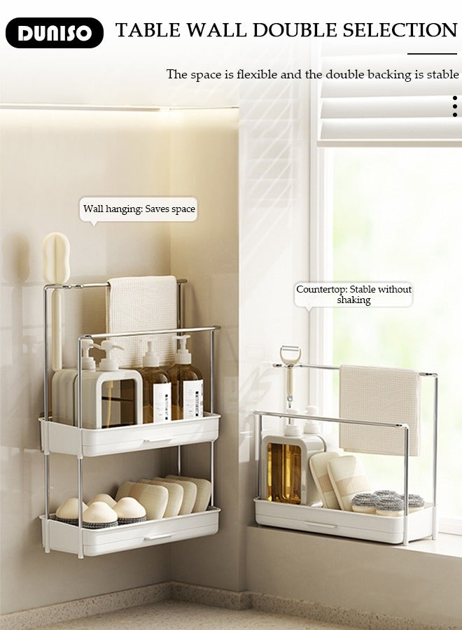 DUNISO رف تخزين مطبخ ذو طبقتين، رف تصريف متعدد الوظائف، رف تخزين مضاد للثقب معلق على الحائط، مصنوع من الفولاذ المقاوم للصدأ، قوي التحمل، رف تخزين المطبخ للتوابل، الأواني والمقالي - Image 5