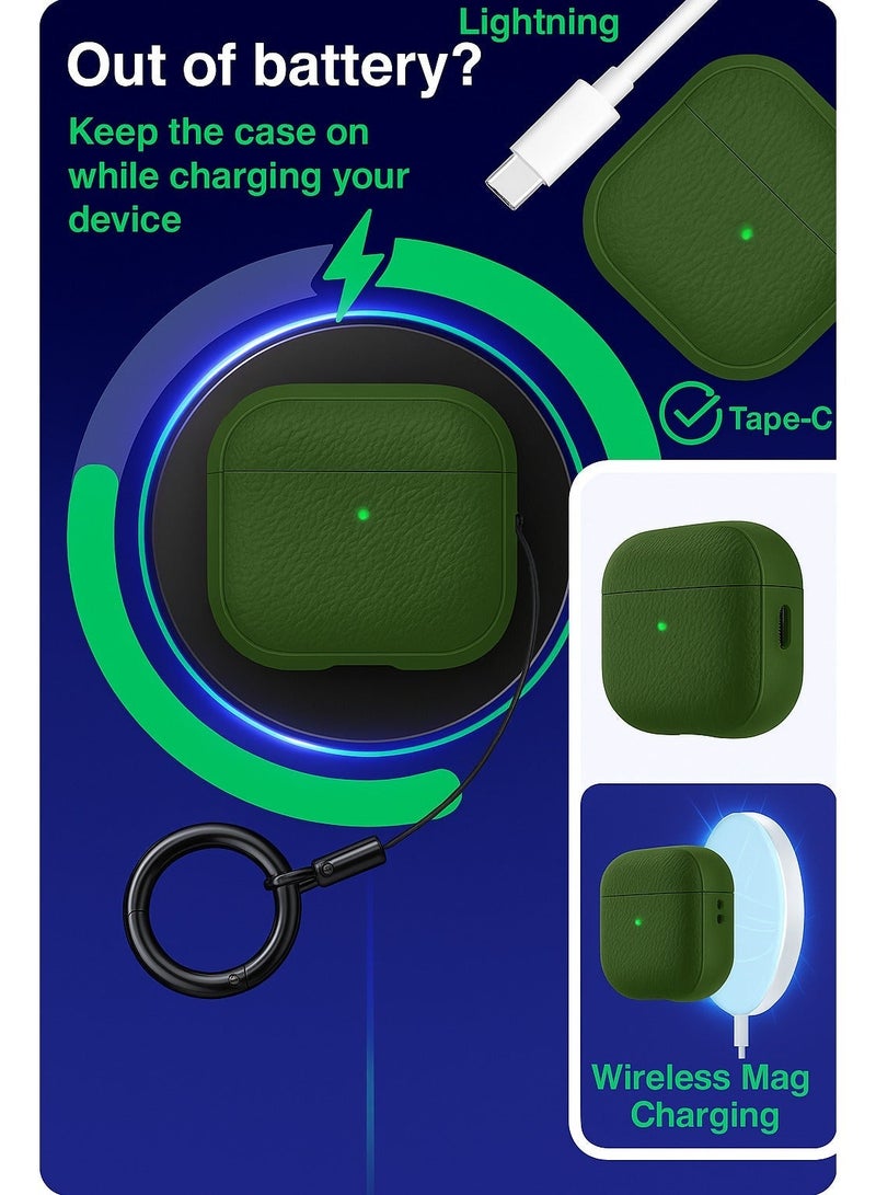 ألترون غطاء ALTRONE متوافق مع سماعات AirPods 4 (2025)، جراب واقٍ من الجلد الصناعي المقاوم للصدمات من مادة TPU والليتشي مع سلسلة مفاتيح - لسماعات AirPods 4 - أخضر عسكري - Image 3