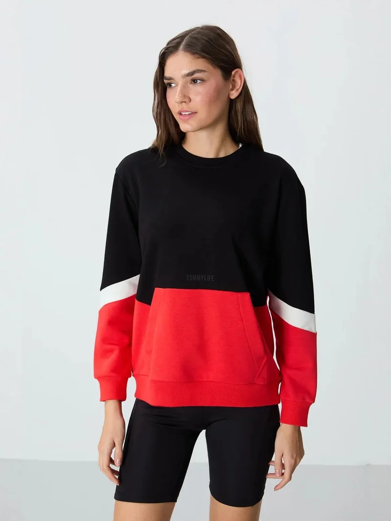 TOMMYLIFE TOMMY Oversized Color-Blocked Crew Neck Sweatshirt