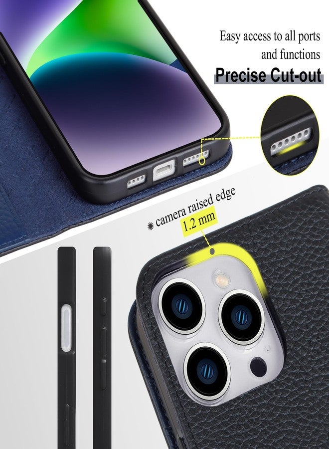 VISOUL Wallet Case for iPhone 16 Pro Max, Pebbled Genuine Leather Wallet Case with Card Holder Kickstand Flip Folio Cover Designed for iPhone 16 Pro Max(6.9 inch)-Black+Navy Blue - Image 3