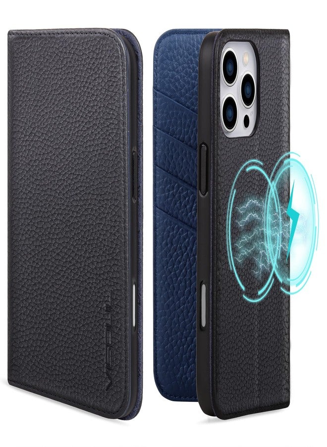 VISOUL Wallet Case for iPhone 16 Pro Max, Pebbled Genuine Leather Wallet Case with Card Holder Kickstand Flip Folio Cover Designed for iPhone 16 Pro Max(6.9 inch)-Black+Navy Blue - Image 1