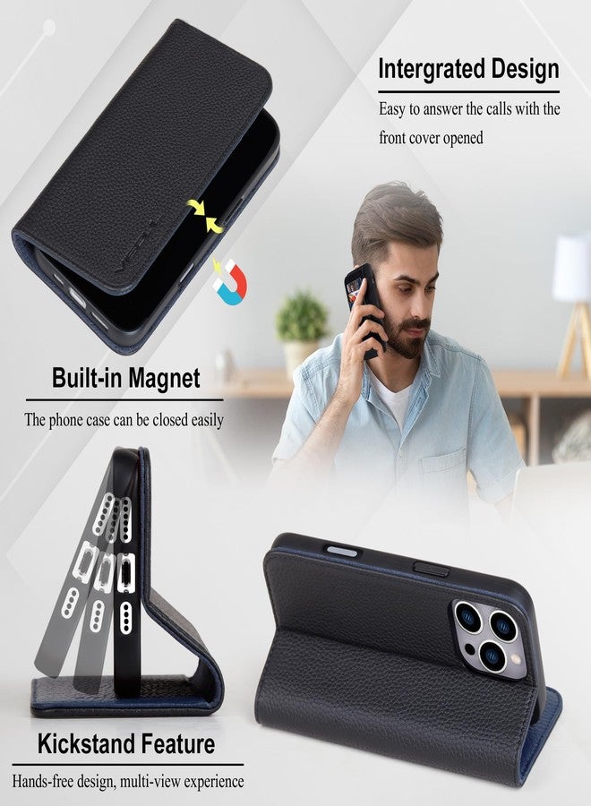 VISOUL Wallet Case for iPhone 16 Pro Max, Pebbled Genuine Leather Wallet Case with Card Holder Kickstand Flip Folio Cover Designed for iPhone 16 Pro Max(6.9 inch)-Black+Navy Blue - Image 4