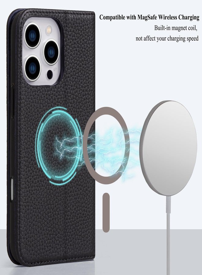 VISOUL Wallet Case for iPhone 16 Pro Max, Pebbled Genuine Leather Wallet Case with Card Holder Kickstand Flip Folio Cover Designed for iPhone 16 Pro Max(6.9 inch)-Black+Navy Blue - Image 2