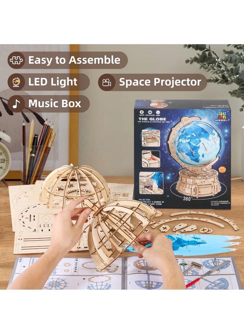 KASTWAVE 3D Wooden Puzzles for Adults USB Charging Illuminated Globe Music Box DIY LED Wood Model Building Kits with Space Projector Stem Toys for Kids Desk Decor for Boys/Girls Ages 8+ - Image 5