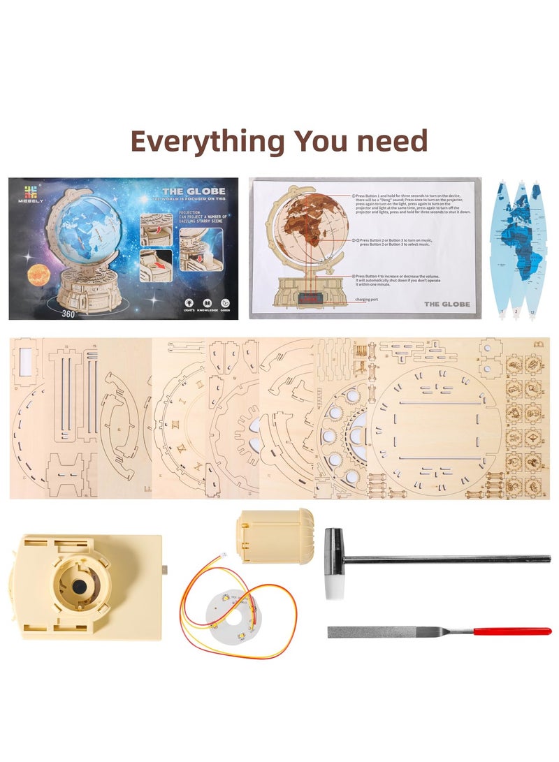KASTWAVE 3D Wooden Puzzles for Adults USB Charging Illuminated Globe Music Box DIY LED Wood Model Building Kits with Space Projector Stem Toys for Kids Desk Decor for Boys/Girls Ages 8+ - Image 3