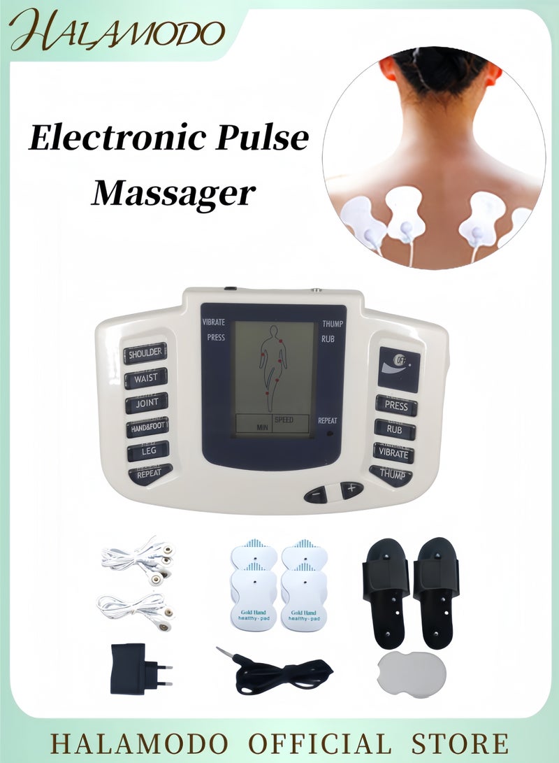 HALAMODO Electronic Pulse Massager with 4 Modes and 8 Intensity Levels Muscle Stimulator for Pain Relief Therapy & Sciatica & Neck Pain Portable Stim Machine with 4pcs Pads & 1pc Slipper & 1pc USB cable & 1pc patch clip & 1pc 2-head wire & 1pc 4-head wire - Image 1