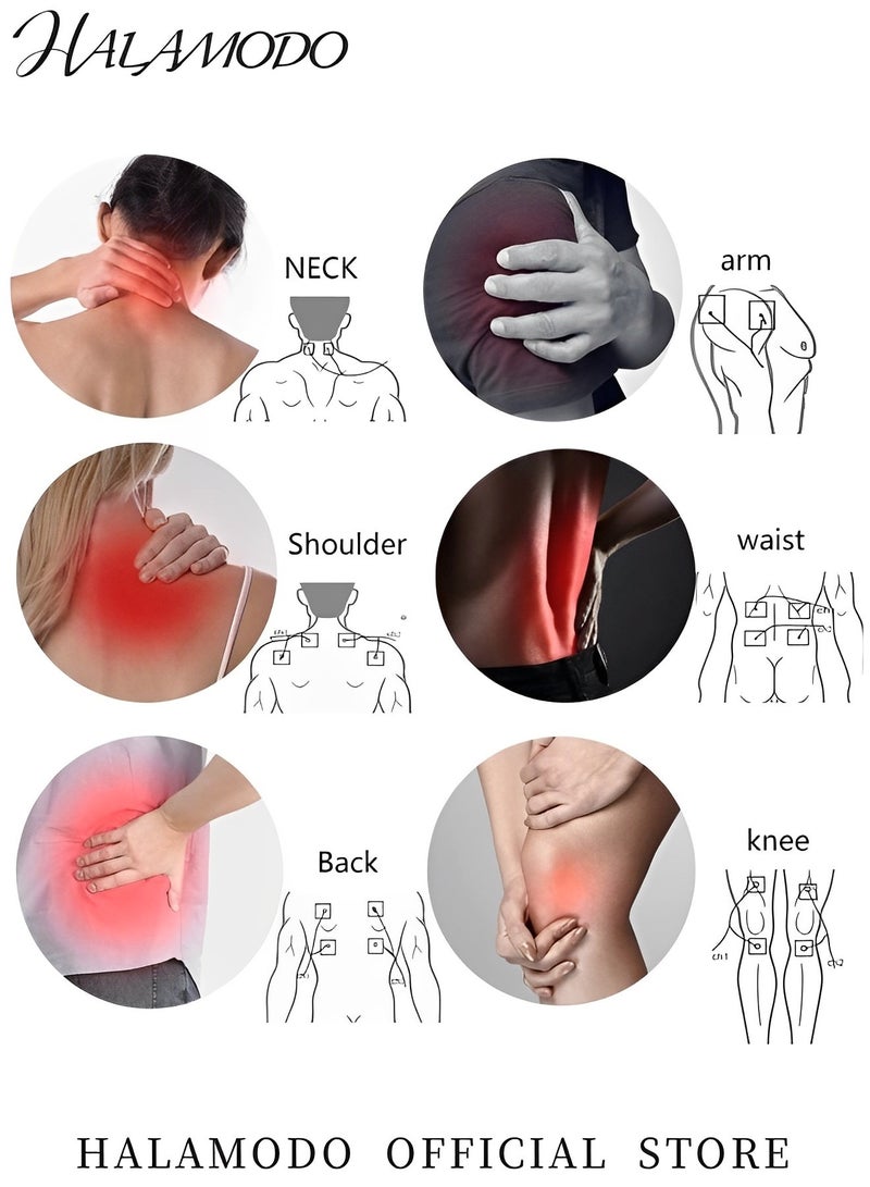 HALAMODO Electronic Pulse Massager with 4 Modes and 8 Intensity Levels Muscle Stimulator for Pain Relief Therapy & Sciatica & Neck Pain Portable Stim Machine with 4pcs Pads & 1pc Slipper & 1pc USB cable & 1pc patch clip & 1pc 2-head wire & 1pc 4-head wire - Image 5