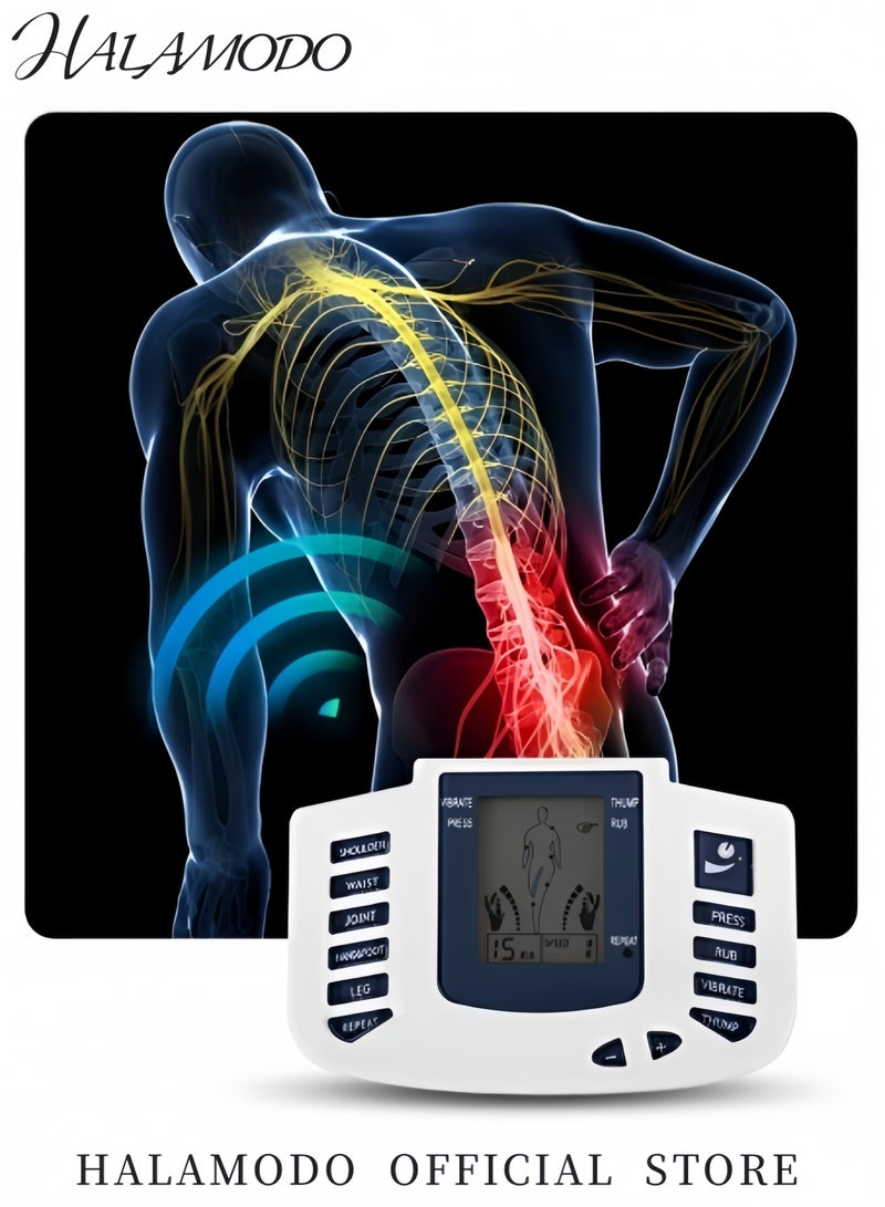 HALAMODO Electronic Pulse Massager with 4 Modes and 8 Intensity Levels Muscle Stimulator for Pain Relief Therapy & Sciatica & Neck Pain Portable Stim Machine with 4pcs Pads & 1pc Slipper & 1pc USB cable & 1pc patch clip & 1pc 2-head wire & 1pc 4-head wire - Image 4