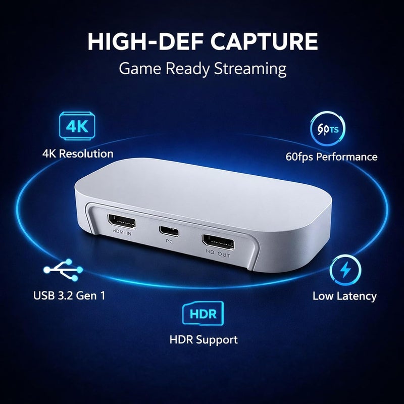 بطاقة التقاط 4K60HDR HD 2.0 جهاز التقاط ألعاب USB 3.2 Gen1 Type-C، يدعم تمرير HDR10 و VRR - زمن انتقال منخفض 50 مللي ثانية، تشغيل فوري للبث والتسجيل على الكمبيوتر الشخصي و C - Image 3