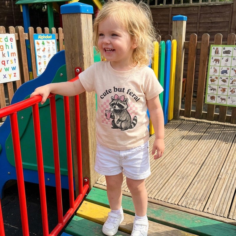 allshope Toddler Baby Girl Summer Outfit Cute But Feral Raccoon Shirt Short Sleeve Tops T-Shirt Little Kids Casual Clothes (Color Apricot, 12-18 Months) - Image 2