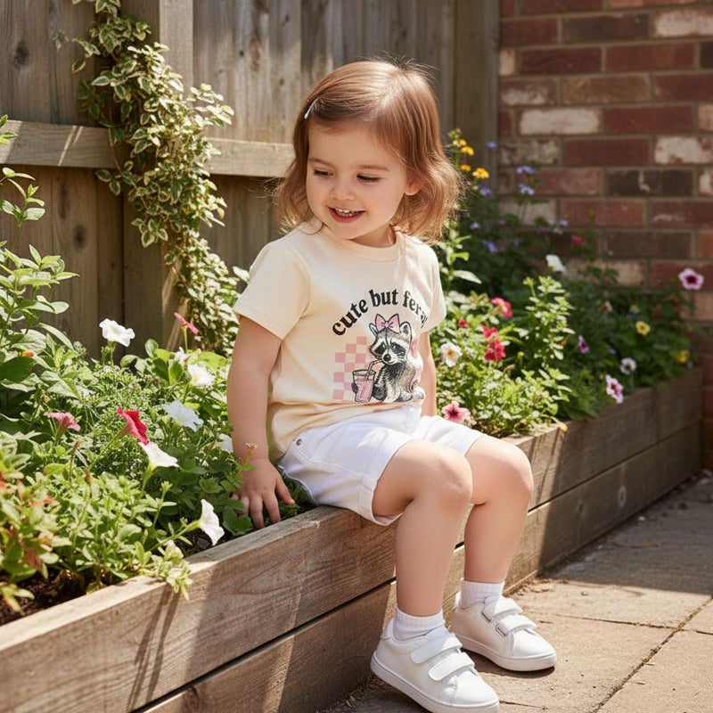 allshope Toddler Baby Girl Summer Outfit Cute But Feral Raccoon Shirt Short Sleeve Tops T-Shirt Little Kids Casual Clothes (Color Apricot, 12-18 Months) - Image 3