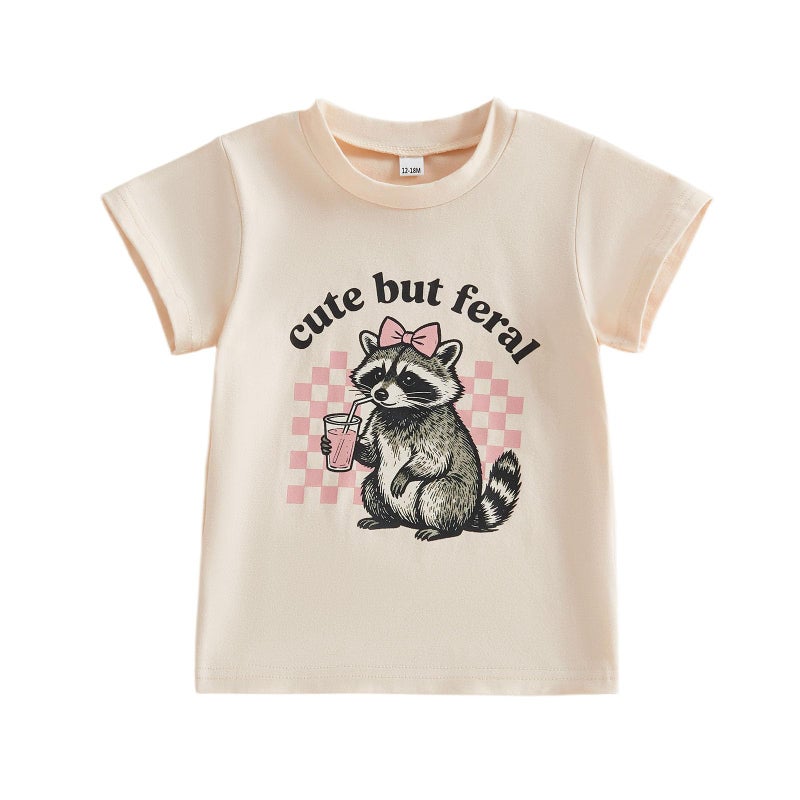 allshope Toddler Baby Girl Summer Outfit Cute But Feral Raccoon Shirt Short Sleeve Tops T-Shirt Little Kids Casual Clothes (Color Apricot, 12-18 Months) - Image 1