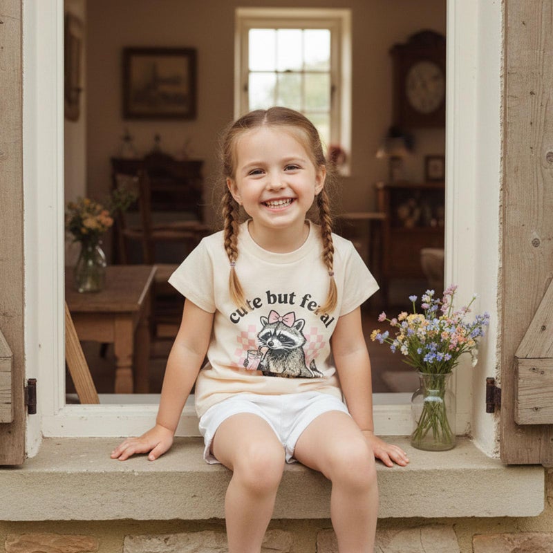 allshope Toddler Baby Girl Summer Outfit Cute But Feral Raccoon Shirt Short Sleeve Tops T-Shirt Little Kids Casual Clothes (Color Apricot, 12-18 Months) - Image 5