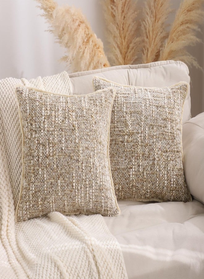 LUOYEHK Boho Throw Pillow Covers 18x18 Set of 2 Cozy Farmhouse Pillow Covers with Fringe Texture Neutral Chenille Cushion Covers for Couch Sofa Bed Living Room, Khaki - Image 1