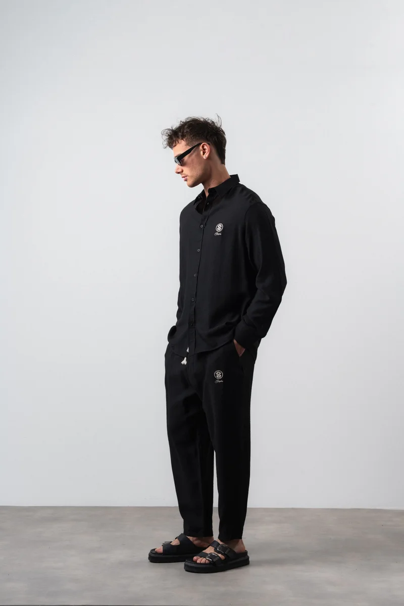 Respire Men's Linen Oversize Shirt and Pants Suit Black