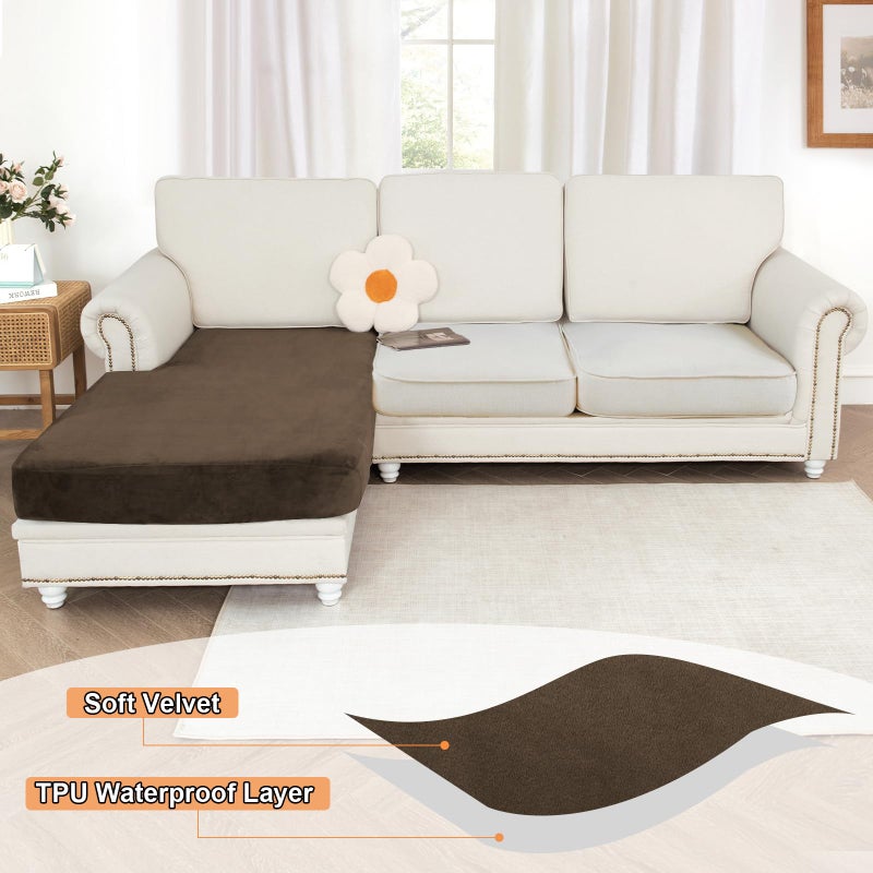NAISI Waterproof Couch Cushion Covers Thick Velvet Fabric Washable Sofa Slipcovers 1 Piece Individual Sectional Couch Covers with Elastic Bottom(1 PC for Chaise Lounge Caramel) - Image 2