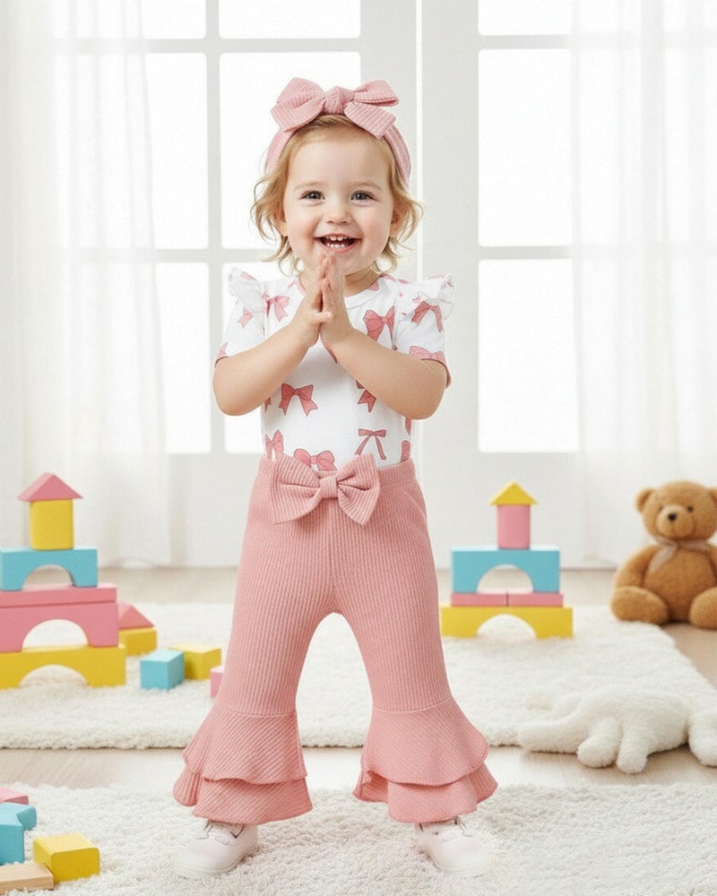Renotemy Infant Baby Girl Clothes 3-6 Months Baby Spring Summer Outfit Clothes Short Sleeve Coming Home Outfits Gifts for Girls Newborn Essentials Romper Pink Bell Bottom Pants Bodysuit Clothing Set - Image 3
