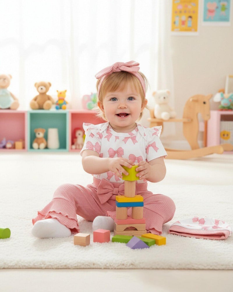 Renotemy Infant Baby Girl Clothes 3-6 Months Baby Spring Summer Outfit Clothes Short Sleeve Coming Home Outfits Gifts for Girls Newborn Essentials Romper Pink Bell Bottom Pants Bodysuit Clothing Set - Image 4
