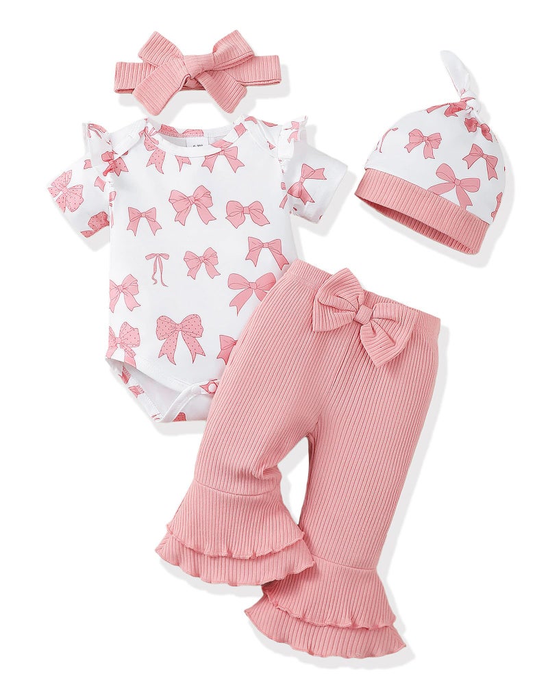 Renotemy Infant Baby Girl Clothes 3-6 Months Baby Spring Summer Outfit Clothes Short Sleeve Coming Home Outfits Gifts for Girls Newborn Essentials Romper Pink Bell Bottom Pants Bodysuit Clothing Set - Image 1