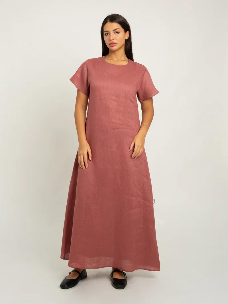 Kaafmeem Dusty Rose Short Sleeves Linen Dress