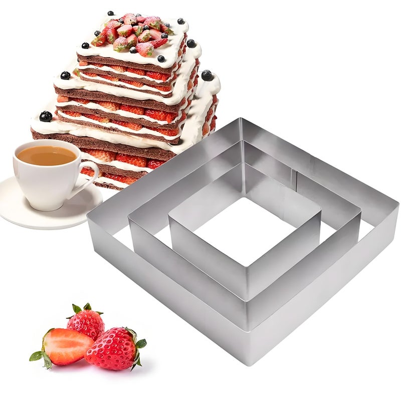 3pcs Stainless Steel Square Cake Molds 4 6 8 Inch Heat Resistant Baking Rings for Tiramisu Mousse Cakes and Desserts - Image 1