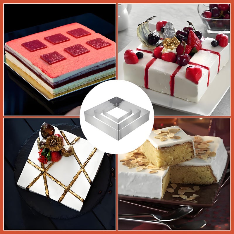 3pcs Stainless Steel Square Cake Molds 4 6 8 Inch Heat Resistant Baking Rings for Tiramisu Mousse Cakes and Desserts - Image 2