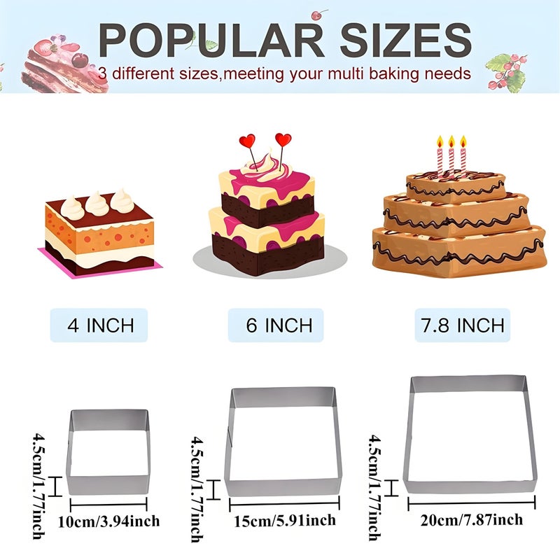 3pcs Stainless Steel Square Cake Molds 4 6 8 Inch Heat Resistant Baking Rings for Tiramisu Mousse Cakes and Desserts - Image 3