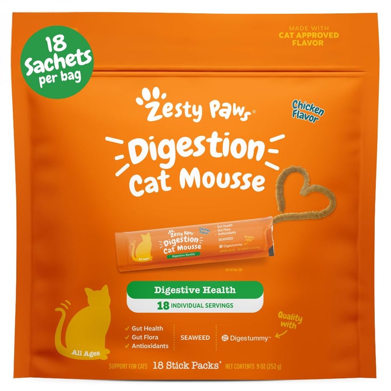 Zesty Paws Cat Mousse Squeezies Puree Cat Treats for Digestion - with Seaweed, Omega Fatty Acids, Antioxidants - Support for Digestive Health Cats - Chicken Flavor - 18 Count - Image 1