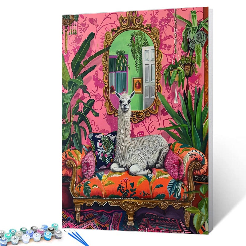 Aihonmin Llama Paint by Numbers Tropical Green Leaves Paint by Numbers Kits Children,Boho Painting Kits on Canvas with Brushes and Acrylic Pigment Without Framed 16''W x 20''H - Image 1