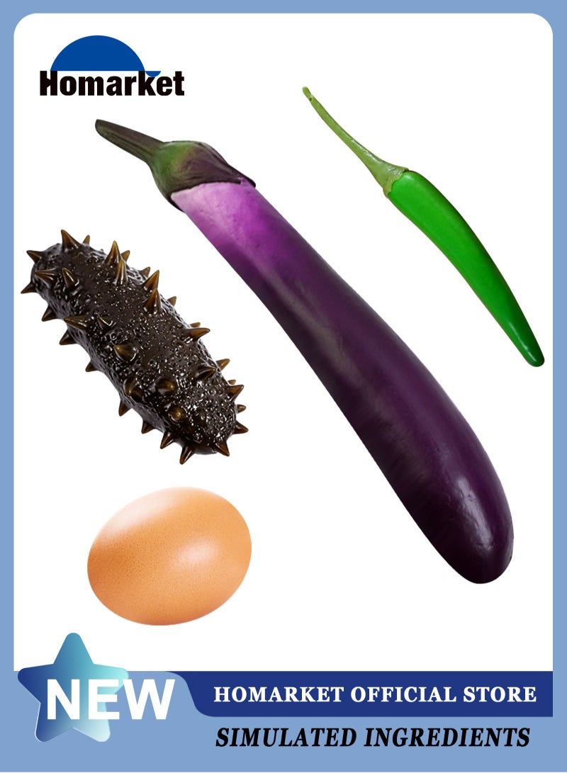 HomarKet 4PCS Artificial Vegetables Simulation Eggplant,Egg, Sea ​​Cucumber and  chili,Realistic Fake Vegetables Lifelike Decorative PU Food Set Faux Veggies for Home Kitchen Party Decor Ornament Photo Props Table Show  - Image 1