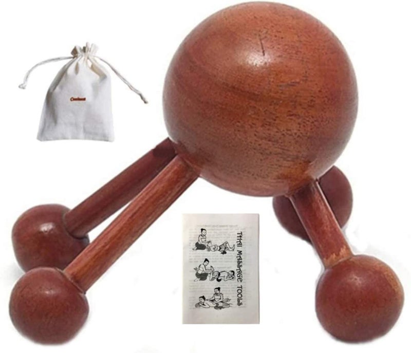 CoziNest Cozinest 4 Legs Ball Spider Massager Handheld Stick for Shoulder Back Full Body Thai Wooden Trigger Point Reflexology Massage Tool wCloth Bag and Massage Manual