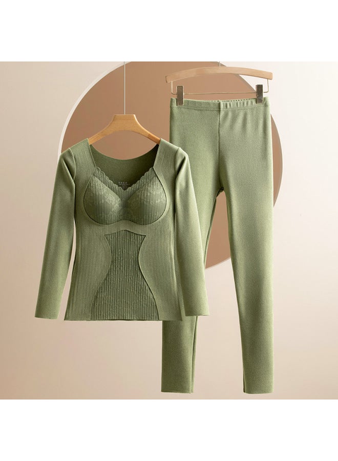 Winter Velvet Heating Thermal Underwear Women's Suit Fleece-lined Thickened Body Shaping Bottoming Shirt With Chest Pad Autumn Clothes And Pants