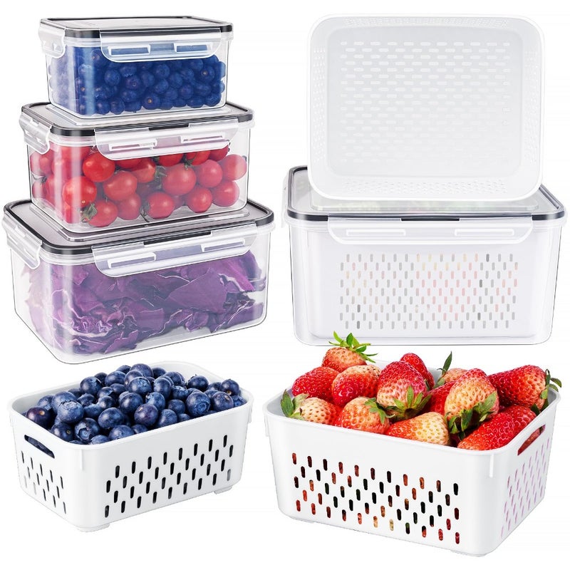 Fruit Storage Containers for Fridge with Removable Colander, Airtight Food Storage Container, Dishwasher Safe Produce Saver for Refrigerator, Keep Berry Fruit Fresh Longer 4 pcs Clear