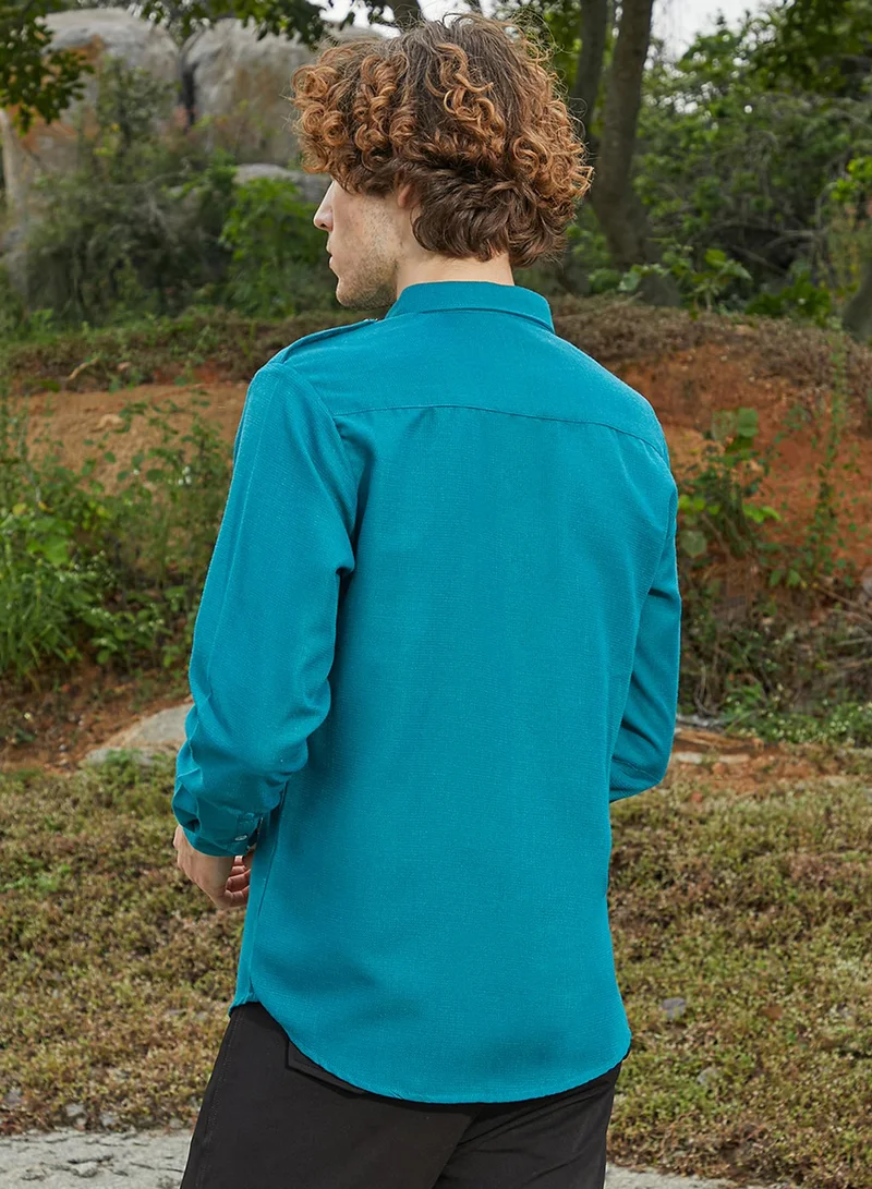 كامبوس سوترا Men's Aqua Blue Woven Utility Shirt