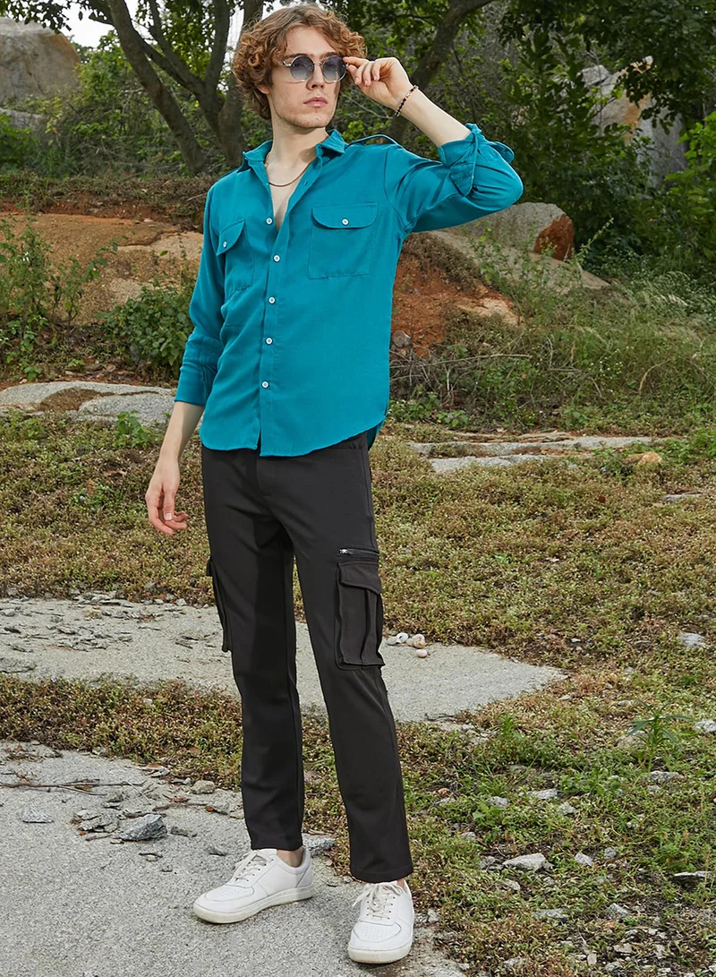 كامبوس سوترا Men's Aqua Blue Woven Utility Shirt