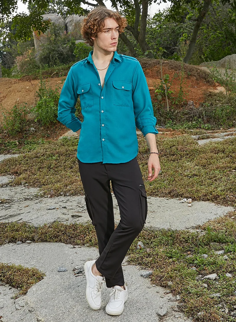 كامبوس سوترا Men's Aqua Blue Woven Utility Shirt