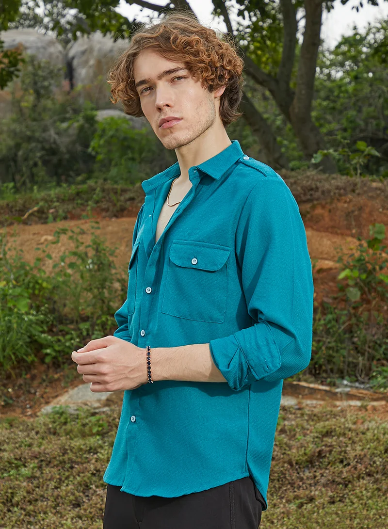 كامبوس سوترا Men's Aqua Blue Woven Utility Shirt