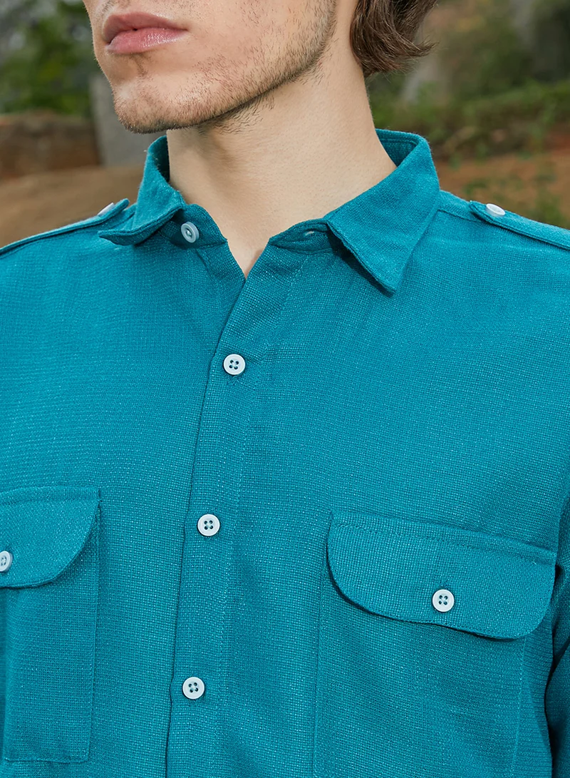كامبوس سوترا Men's Aqua Blue Woven Utility Shirt