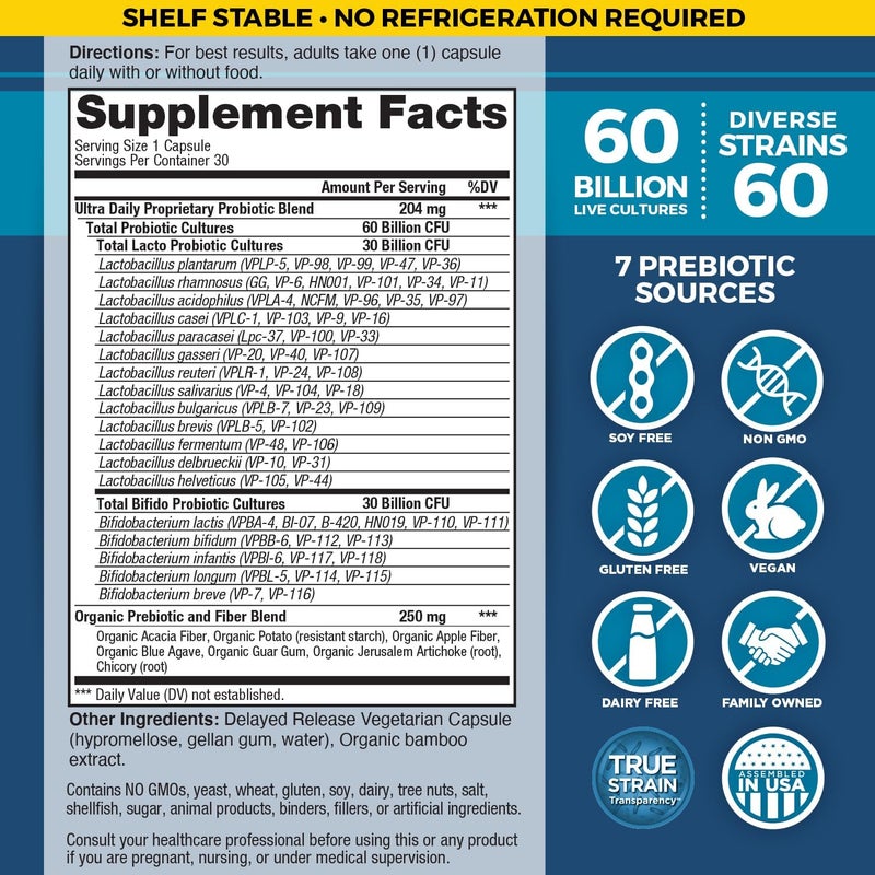 Vital Planet  Vital Flora Ultra Daily Probiotic 60 Billion CFU 60 Diverse Strains 7 Organic Prebiotics Immune Support Digestive Health Shelf Stable Probiotics for Women and Men 30 Capsules - Image 2
