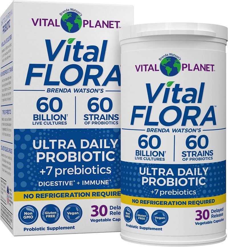 Vital Planet  Vital Flora Ultra Daily Probiotic 60 Billion CFU 60 Diverse Strains 7 Organic Prebiotics Immune Support Digestive Health Shelf Stable Probiotics for Women and Men 30 Capsules - Image 1
