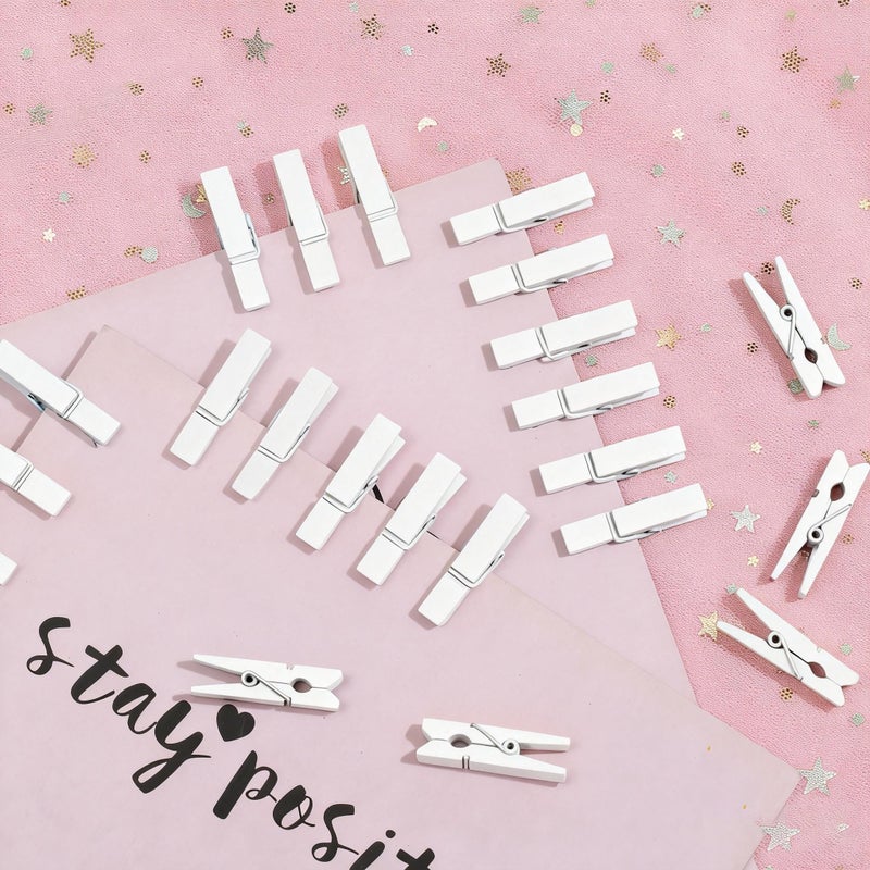 Monigte Mini Photo Clips, 100pcs Clothes Pins for Photos, White Wooden Clothespins with Jute Twine, Small Clothes Pins Tiny Clothespins for Photos, Crafts, Pictures - Image 2