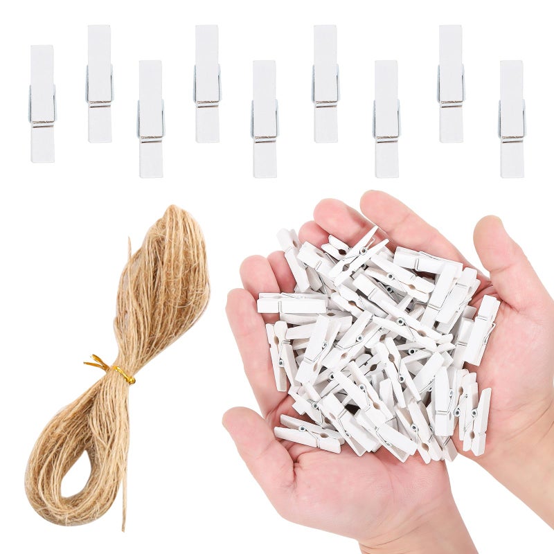 Monigte Mini Photo Clips, 100pcs Clothes Pins for Photos, White Wooden Clothespins with Jute Twine, Small Clothes Pins Tiny Clothespins for Photos, Crafts, Pictures - Image 1