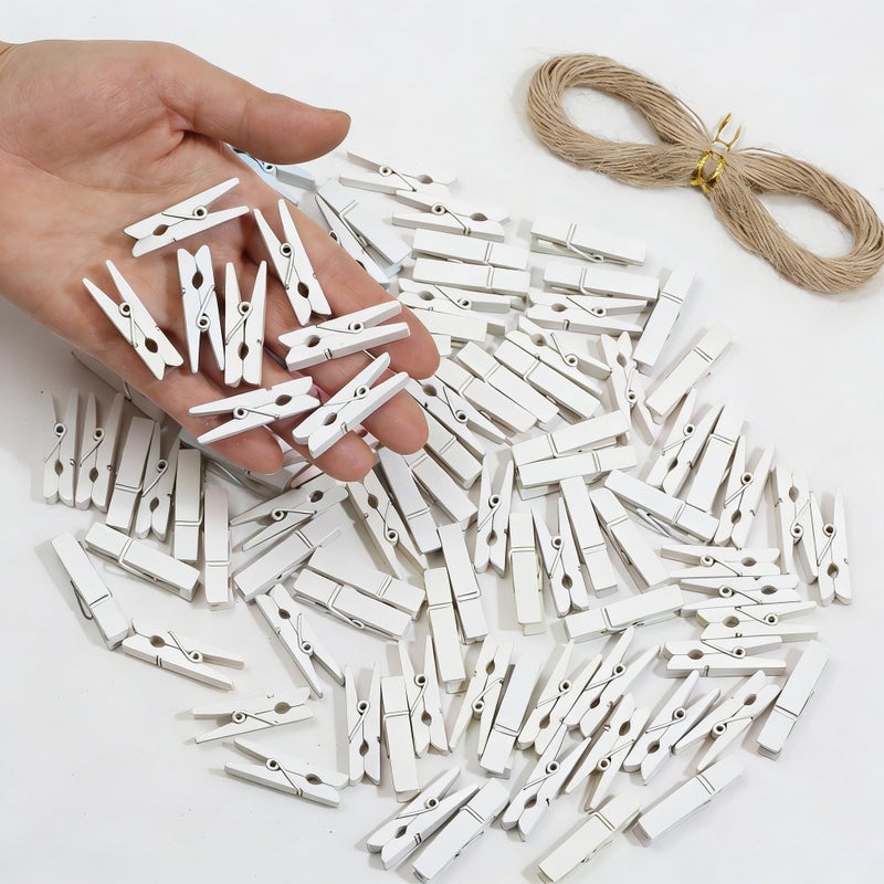 Monigte Mini Photo Clips, 100pcs Clothes Pins for Photos, White Wooden Clothespins with Jute Twine, Small Clothes Pins Tiny Clothespins for Photos, Crafts, Pictures - Image 5