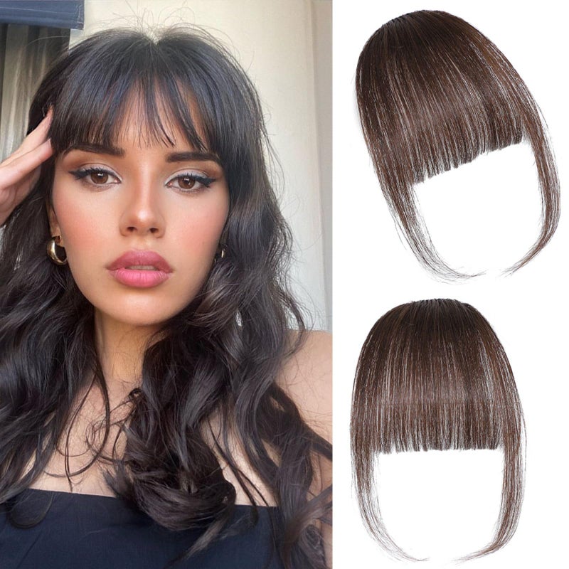 ELEFOCUS Clip in Bangs 100% Real Human Hair Extensions Wispy Dark Brown Fake Hair Pieces for Women Fringe with Temples Daily Wear - Image 1